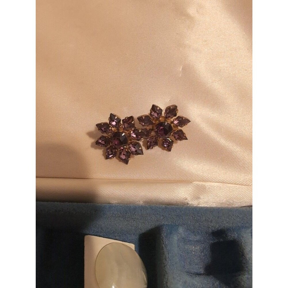 Vintage Floral Clip-On Earrings with Purple Stones